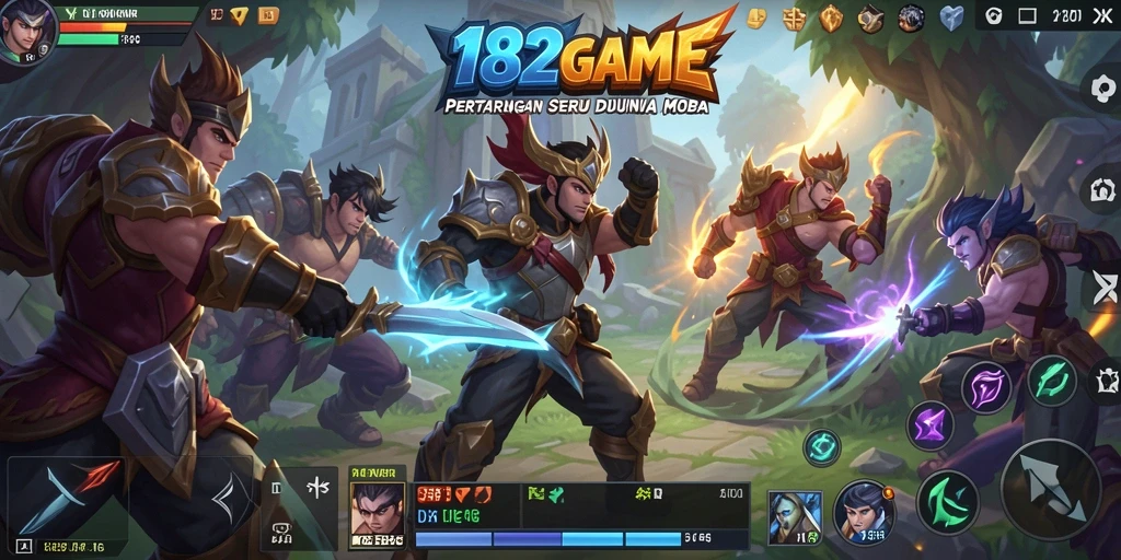 Screenshot utama 182GAME menampilkan aksi pertarungan seru antar tim MOBA.
