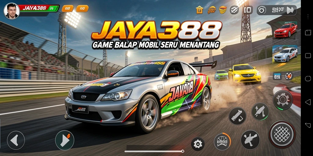 Screenshot utama JAYA388 menampilkan aksi balap yang mendebarkan di trek yang indah.