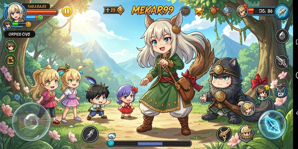 Tampilan gameplay seru dari MEKAR99 dengan aksi karakter anime.