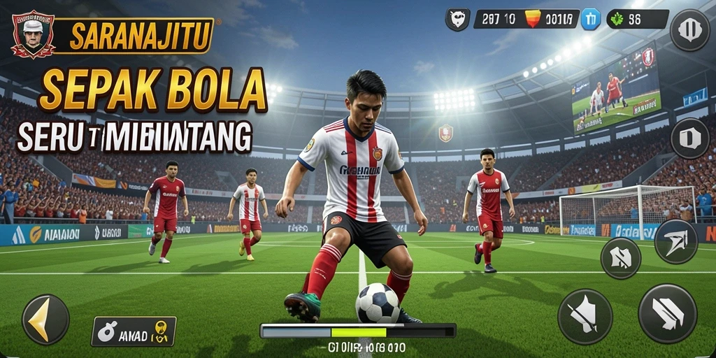 Screenshot gameplay SARANAJITU menampilkan aksi seru sepak bola.