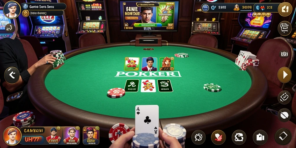 Tampilan gameplay UH77 menampilkan suasana meja poker yang mendebarkan.